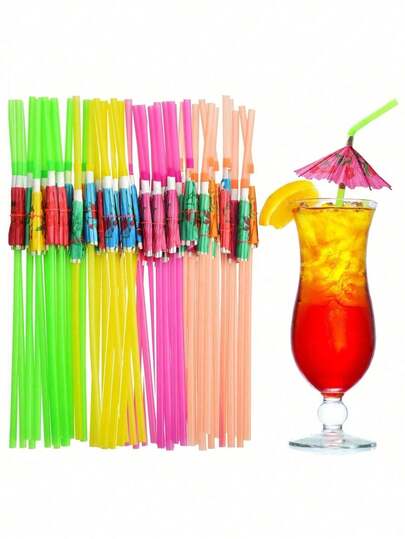 10/20/30/40/50/100/200pcs Umbrella Cocktail Straws,Reusable Straws,Hawaiian Party Style Juice Sunshade Straws For Home Bar Summer Decoration,Perfect For Beach, Hawaiian, Luau Parties, Bars, And Decor Vendors - Durable Plastic Material (Random Color,Random Pattern)
