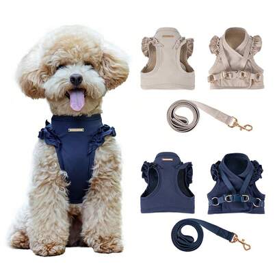 一套宠物胸背带和牵引绳，猫狗通用，可爱时尚，适合小型/中型犬，室内外均可使用。