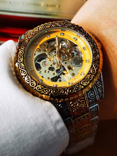 T-WINNER 1 pieza Reloj de pulsera automático mecánico clásico vintage para hombre con bisel giratorio, manecillas luminosas, esfera con decoración de diamantes, pulsera de acero inoxidable de lujo para negocios y uso casual