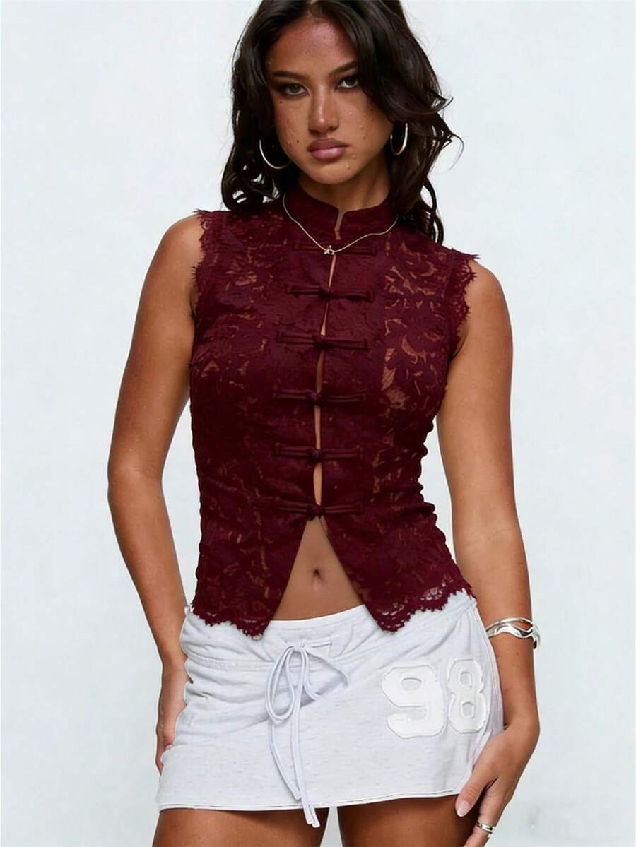 Women Long Sleeve Mandarin Collar Guipure Split Blouse Top Lace Floral Puff Sleeve Button-Down Shirt Slim Fit Elegant Sheer Tops Party Clubwear - 無袖酒紅色 - 查看 1