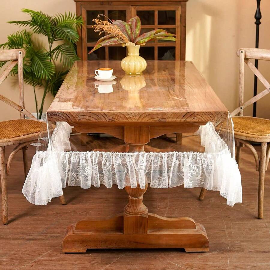 1 pieza Mantel de PVC con volantes de encaje blanco, diseño rectangular, adecuado para decoración del hogar, comedor, cafetería, fiesta festiva - Blanco - Ver 1