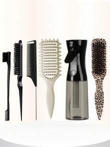 1/2/3/4/5/6/10/11/12件套美发造型工具套装，复古发蜡造型刷，卷发定型刷，（6.8盎司/200毫升）多功能小型高压连续喷雾补水旅行化妆瓶，蓬松发梳，尖尾梳，边缘梳，柔软硅胶头皮按摩刷，打造柔顺发型，返校必备，旅行必备，女士美发配件，梳子，刷子，胡须刷，边缘梳（黄色豹纹系列） - D - 查看 16