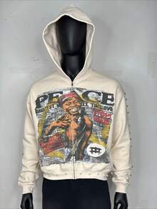 American Street Style Large Diamond With Retro 3D Printing Zipper Design Sweater, The Same Loose Street  Hooded Sweater Jacket For Men And Women - 白色 - 查看 4