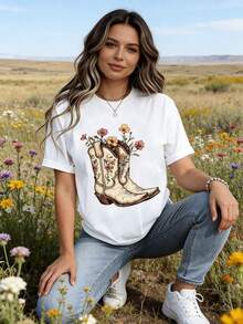 Women Round Neck T Shirt Cowboy Boots With Floral Design Short Sleeve Casual Summer Outfit For Daily Wear And Western Style Look - White - View 4
