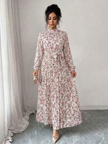 Spring Fall Floral Print Stand Collar Dress Women's Long Sleeve Zipper Front Self-Tie Waist Pleated Midi Dress - 白色 - 查看 5