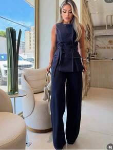 Women's Two-Piece Set Consisting Of Pants And A Vest-Style Blouse With Buttons And Exposed Seams. Autumn/Winter. - 藍色 - 查看 2