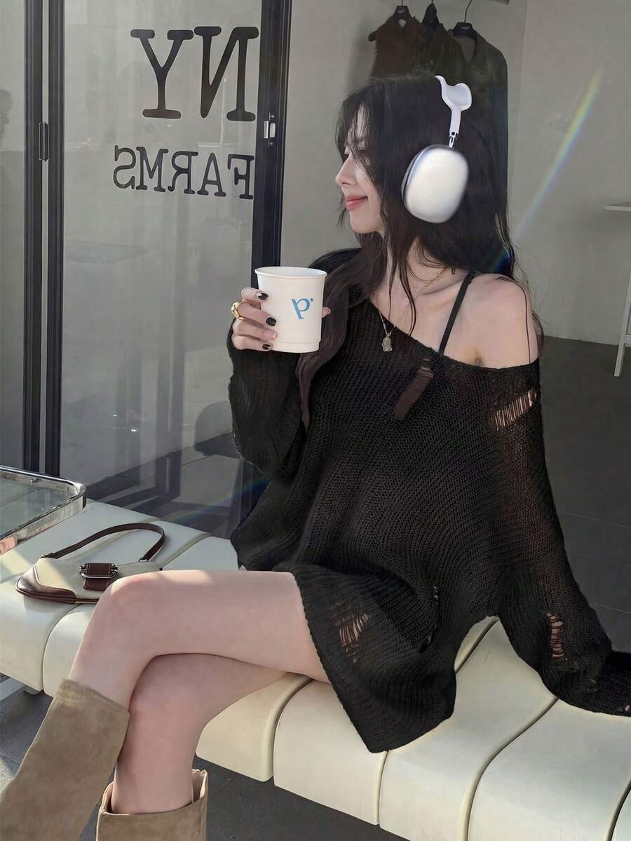 Sexy Minimalist Shoulder Cut-Out Distressed Design Pullover Sweater For Women Fall Black - Black - View 1
