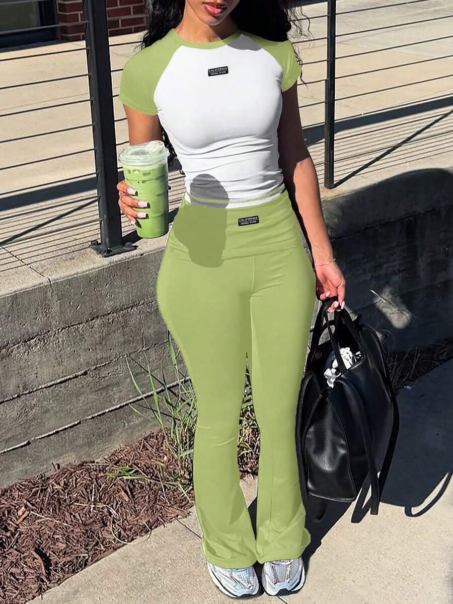 Y2K Contrast Color Women 2pcs Set Casual Sports Pants + Tight Fitted Tee, Suitable For Daily Wear, Home, Spring To Summer Elegant - Green + White - View 1