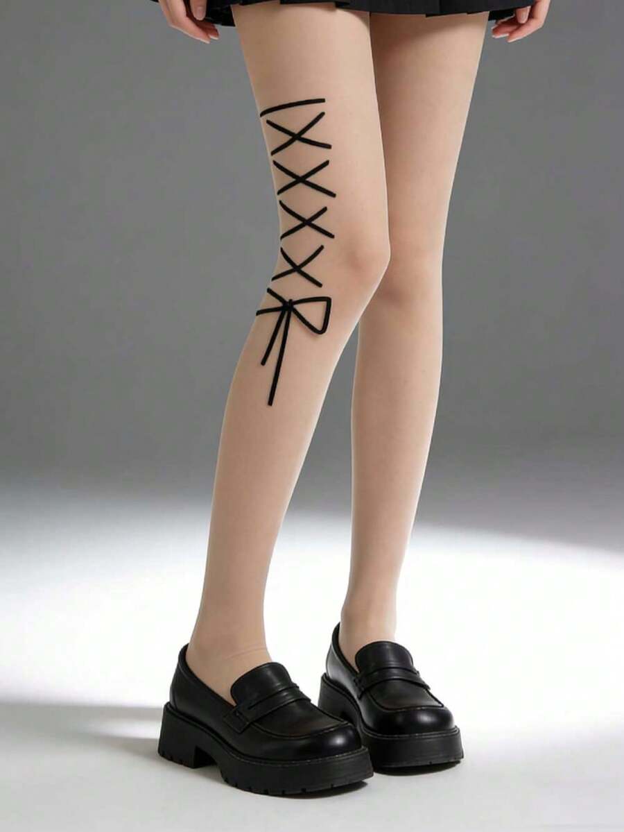 1双蝴蝶结杏色丝袜，日式甜美交叉绑带连裤袜，女士紧身裤袜 - 杏色 - 查看 1