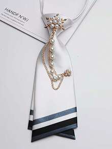 女士免系带珍珠链装饰条纹缎面领带，校服衬衫配饰，适合日常办公穿着 - 白色 - 查看 9