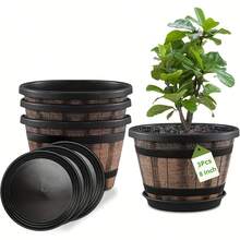 3pcs Large Thick Flower Pots With Drainage Holes And Trays - Vintage Brown Plastic Barrel Design, Suitable For Indoor/Outdoor Garden, Household Plants, Durable And Stylish Decor, Indoor Planters, Outdoor Planters, Rustic Aesthetics, Sturdy Structure - New Model - View 2