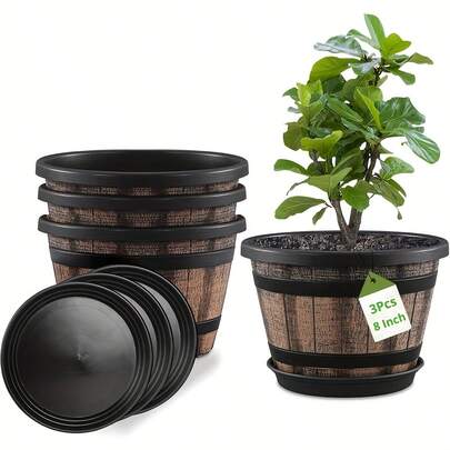 3pcs Large Thick Flower Pots With Drainage Holes And Trays - Vintage Brown Plastic Barrel Design, Suitable For Indoor/Outdoor Garden, Household Plants, Durable And Stylish Decor, Indoor Planters, Outdoor Planters, Rustic Aesthetics, Sturdy Structure