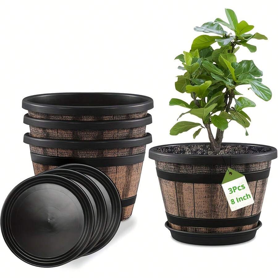 3pcs Large Thick Flower Pots With Drainage Holes And Trays - Vintage Brown Plastic Barrel Design, Suitable For Indoor/Outdoor Garden, Household Plants, Durable And Stylish Decor, Indoor Planters, Outdoor Planters, Rustic Aesthetics, Sturdy Structure