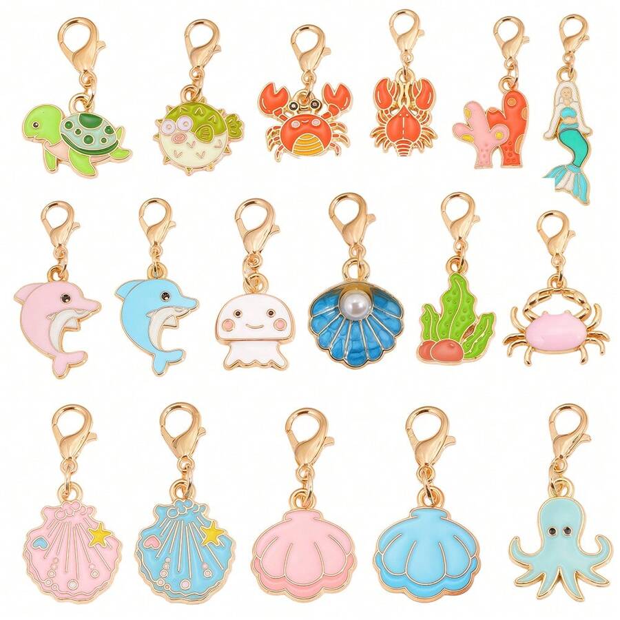 Mặt dây chuyền tráng men chủ đề đại dương, hình động vật biển dễ thương rùa, cá heo, nàng tiên cá, dùng để tự làm móc khóa, túi xách và trang sức. - Vàng - Xem 1
