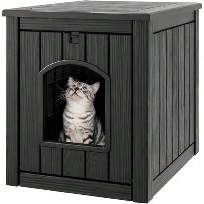 Cat Litter Box Enclosure, Plastic Hidden Litter Box Side Table With Openable Front Door, Waterproof & Weatherproof Cat Box Enclosure Cabinet For Indoor & Outdoor Use (Black)