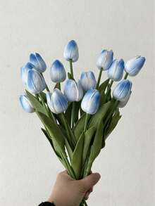 3 Pcs 13in Artificial Spring & Summer Greenery Decorative Flowers, Gradient Blue Artificial Tulips, Ideal For Wedding Arrangements, Birthday Party Decor, Home Ornaments, Table Centerpieces And Mother's Day Gifts, Suitable For All Seasons. - Gradient Blue - View 3
