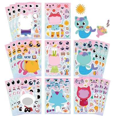 1set /8pcs Gaby Doll House Cartoon Stickers Friend Children's Anime Cartoon Parent-Child Interactive Puzzle Hand Account DIY Face Stickers, Perfect Campus Supplies, Back To School Season, Small Gifts