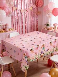 1pc Pink Fairy Theme Baby Shower Disposable Tablecloth With Floral Decor, Pink Princess Birthday Party Plastic Table Cover For Home Dining Table Decoration, Pink PE Table Skirt For Gender Reveal Party, Restaurant Kitchen Decor, Pink Baby Shower Party Background Plastic Tablecloth, Pink Fairy Theme Newborn Birthday Decoration, Baby Shower Party Supplies, Party Favors, Pink Fairy Party Decorations - Fairy - View 3