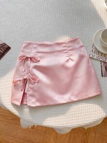 新款女士粉色缎面抽绳系腰A字迷你裙，高腰显瘦紧身裙，简约性感风格 - 粉色 - 查看 10