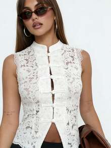 Women Long Sleeve Mandarin Collar Guipure Split Blouse Top Lace Floral Puff Sleeve Button-Down Shirt Slim Fit Elegant Sheer Tops Party Clubwear - 無袖白色 - 查看 3