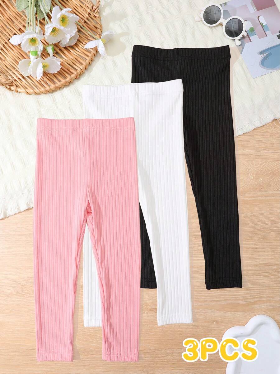 3 chiếc quần legging gân trơn cho bé gái, mềm mại và thoải mái, quần thường ngày có chun co giãn. - Nhiều màu - Xem 1