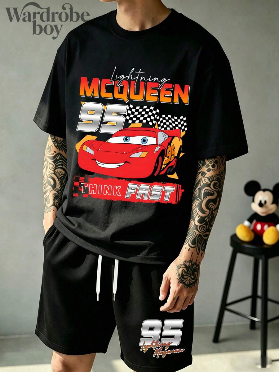 Disney Authorized Short Sleeved Printed T-Shirt And Shorts Set,Mens 2 Piece Outfits, Patterned T-Shirt And Shorts Set, Suitable For Family Travel And Vacation. Suitable For Both Men And Women. Comfortable And Breathable. - 黑色 - 查看 1