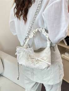 LECEY Women's Pearl Bow & Rhinestone Decor Cloud Shaped Pleated Handle Shoulder Bag - White - View 4
