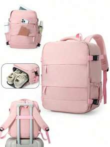Pink Women's Travel Backpack Features A Large Capacity, A 180° Opening, Multiple Pockets, A Luggage Handle Cover, And A Shoe Pocket. Suitable For Business Trips, Vacations, And Everyday Use, It's An Ideal Choice For Students, Office Workers, And Frequent Travelers. - Pink - View 7