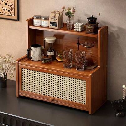 1pc Multi-Function Tabletop Storage Solution, Suitable For Kitchen, Office, Bedroom And Dorm | Great For Holding Coffee Cups And Daily Items - Natural Bamboo Storage Rack, Double-Layer Bamboo Kitchen Organizer With Dust Cover, Spice Jar Rack, Desktop Organizer For Cups, Seasonings, Books And Potted Plants - Versatile Storage Rack, Ideal For Home And Office Use