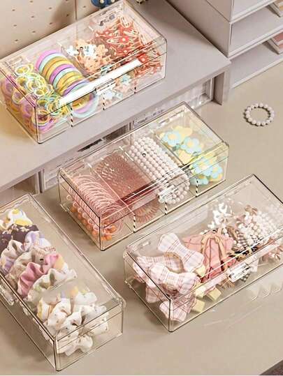 Transparent Makeup Storage Box Desktop Powder Puff Box Cosmetic Jewelry Organizer Striped Compartment Box, Mother's Day Gift