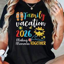 Women's 2026 Family Vacation Theme T-Shirt - Flip-Flop & Sun Slogan Decor Casual Short Sleeve, Colorful Warm Lively Family Vacation Top, Women's Short Sleeve T-Shirt Crew Neck Casual Tee For Daily Wear And Travel - màu đen - Xem 7