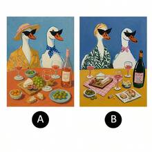 1件/套趣味鸭子帆布墙画，葡萄酒与晚餐插画帆布海报印刷品，复古油画风格，美观的厨房餐厅装饰，帆布画，无框 - 復古的 - 查看 5