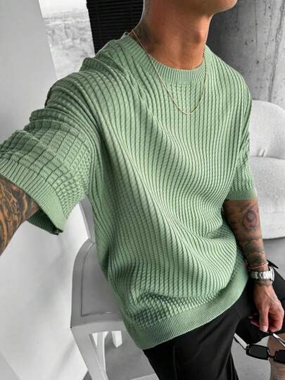 Men's Crew Neck Loose Knit T-Shirt, Casual Versatile Solid Color Top For Summer Daily Wear
