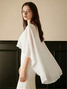 1pc Short Chiffon Bridal Cape, Women Pullover Shawl To Pair With Dress And Vest Fall Clothes For Women - White - View 9