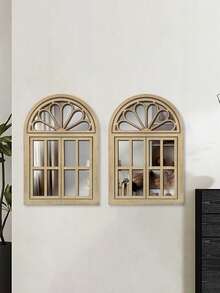 2pcs Khaki 2D Flat Wooden Mirrors, Decorative Fake Windows, Suitable For Home Decor, Garden Decor, Wall Hanging Ornaments - Multicolor - View 3