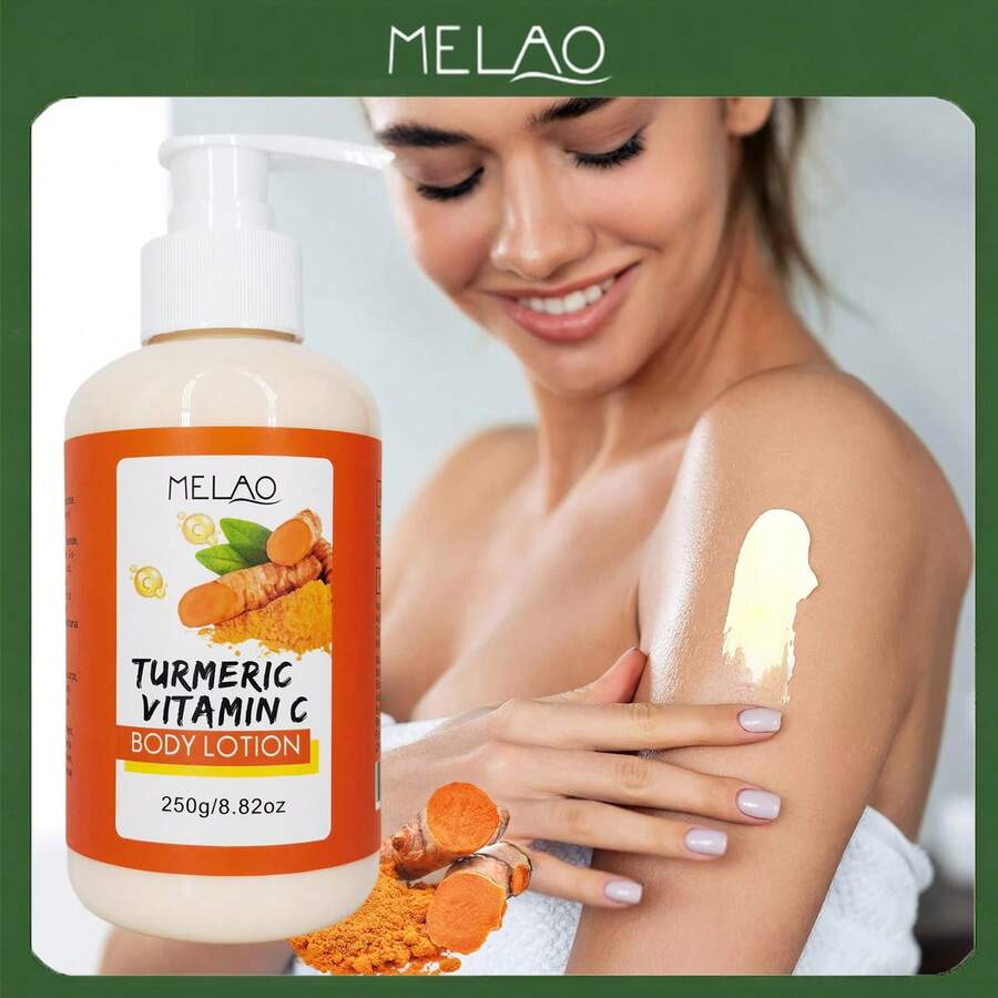 Loção Corporal MELAO com Cúrcuma e Vitamina C, contendo cúrcuma natural e vitamina C, ajuda a clarear manchas escuras, joelhos e cotovelos, uniformiza o tom da pele e hidrata. 250g/8,82oz - 250g - Ver 1