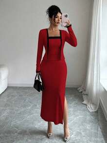 2pcs/Set Women's Elegant Color Block Long Sleeve Cardigan Slip Dress Suit, Suitable Party, Family Gathering, Christmas, Hallowee - 紅色 - 查看 7