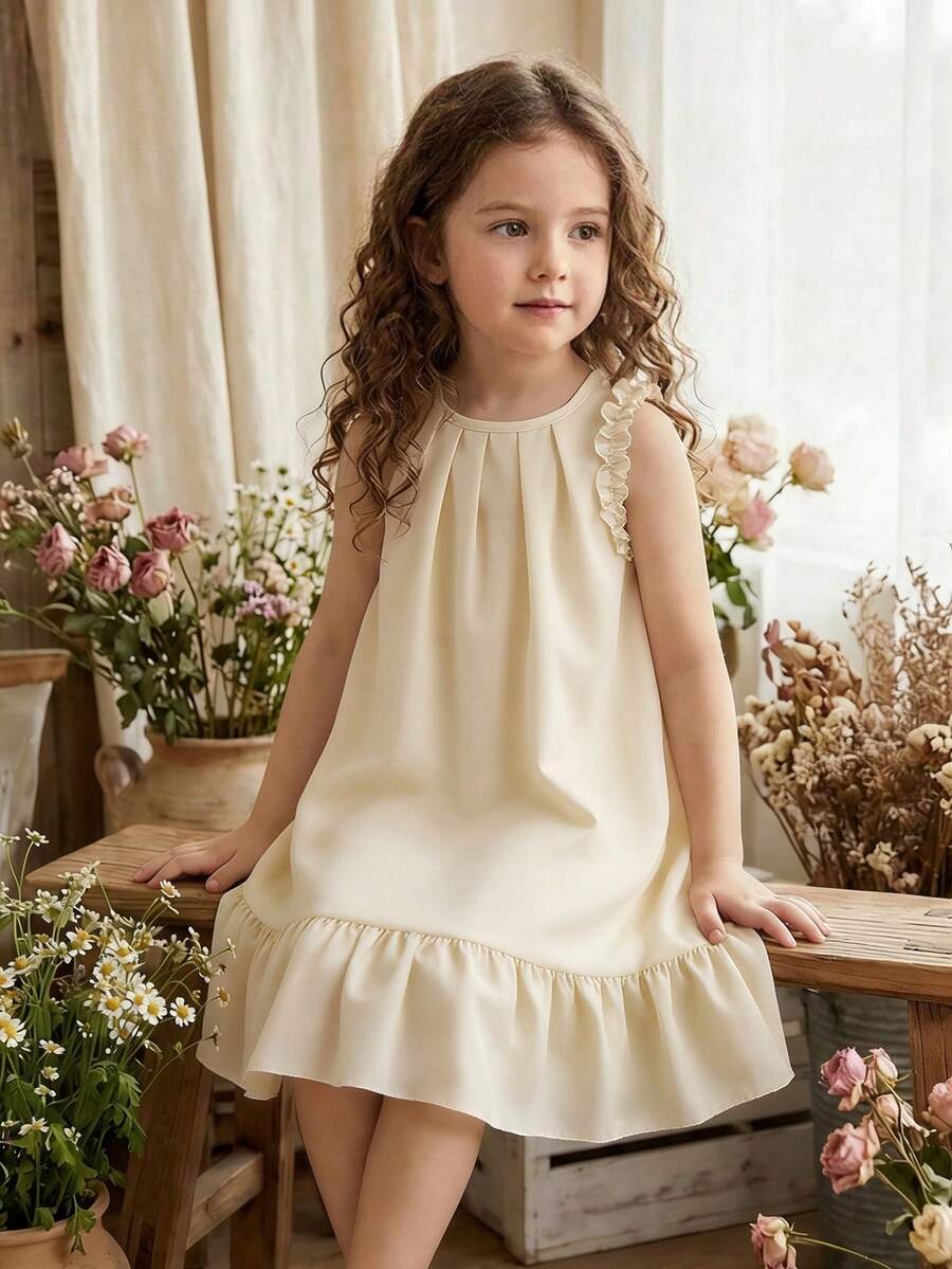 Đầm tank top ngắn không tay cổ tròn dáng rộng màu be tối giản thường ngày cho bé gái, màu xuân/hè. - gừng - Xem 1