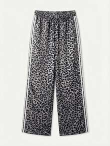 Pantalones con estampado de leopardo y cintura elástica con decoración de rayas laterales para vacaciones de primavera, talla grande para mujer - Gris - Ver 3