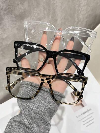 3pcs/1pc Women's Leopard Print Bohemian Style TR Material Square Oversized Transparent Glasses, Suitable For All Seasons