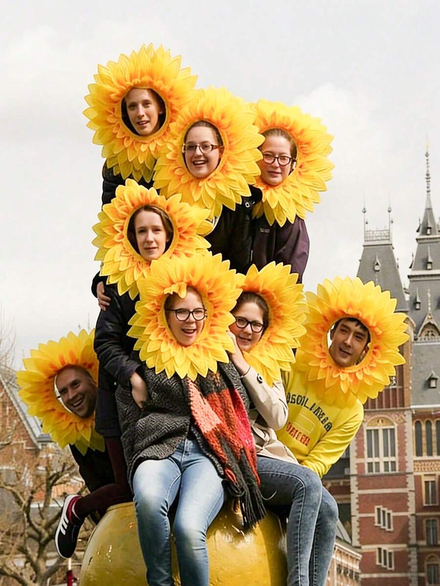 3pcs/1set Sunflower Headpiece, Green Leaf Gloves And Face Frame, Bright Yellow Petals Fun Performance Props, Durable Satin Texture, Suitable For Dance, Festival Games, Dance Accessories, Halloween, Christmas - A - View 1
