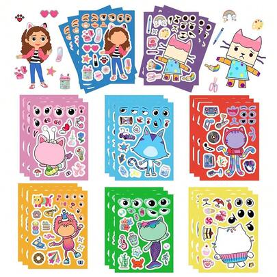 8pcs Gaby's Dollhouse Puzzle Stickers, Children's Puzzle Toys, Cute And Fun Handmade Face Sticker Puzzle, Interactive DIY Stickers, Perfect School Supplies, Back To School, Small Gift