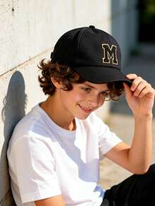 1pc Adjustable A-Z Letter Children Baseball Cap, Breathable Sun Protection Hat, Casual Style Snapback For Kids Aged 1-16, Outdoor & Daily Use - Black - View 5