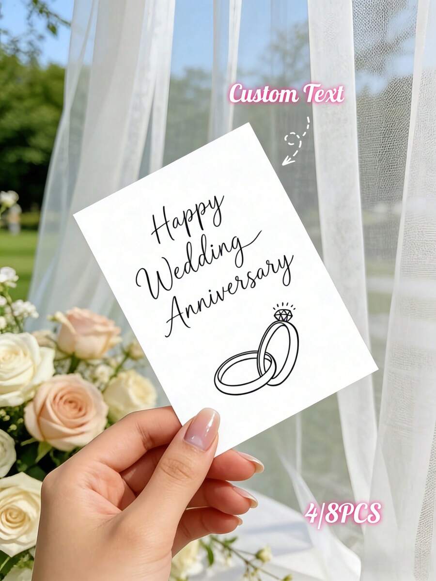 Bộ 4/8 thiệp cưới cá nhân hóa, có thể tùy chỉnh với văn bản của bạn, với thiết kế nhẫn thanh lịch, là món quà lưu niệm hoàn hảo dành cho các cặp đôi mới cưới, mang đến nét lãng mạn, duyên dáng và ấm áp cho lễ cưới, tiệc cô dâu, tiệc đính hôn và quà kỷ niệm. - Nhiều màu - Xem 1