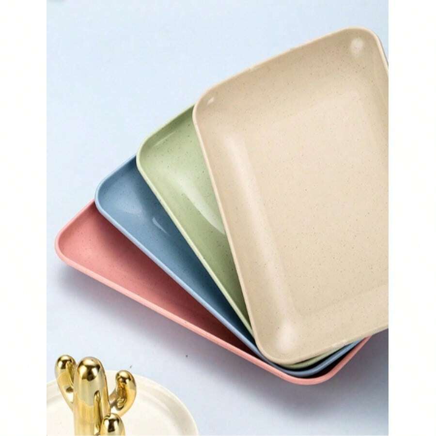 4pcs Rectangular Plastic Plates, Creative Nordic Style Household Plates, Cake/Snack Plates, Fruit Plates, Trays, Durable Reusable Plastic Dinnerware Plates For Picnic - Multicolor - View 1