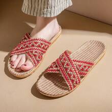 Woven Criss-Cross Open Toe Women's Sandals, Breathable Ultra-Light Indoor/Outdoor Slippers - Red - View 2