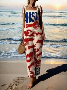 Bộ áo liền quần nữ dáng rộng, thoải mái, phối màu hình tôm hùm và chữ cái, phù hợp cho kỳ nghỉ xuân/hè thanh lịch. - Nhiều màu - Xem 7