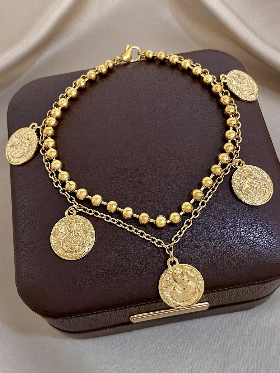 1 chiếc vòng tay hai lớp mạ vàng 18K hình đồng xu cổ điển, dành cho nữ, trang sức thép không gỉ mùa hè, đi biển, kỳ nghỉ, quà tặng cho mẹ, thích hợp cho các buổi tiệc tùng, hẹn hò, đám cưới, lễ tình nhân, kỷ niệm, lễ hội âm nhạc, Giáng sinh, lễ Phục sinh. - Nhiều màu - Xem 1