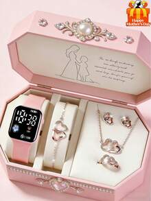 6/5件套新款时尚简约女士LED数字屏幕手表搭配心形首饰套装，包括项链、手链、耳环、戒指，适合派对、旅行、母亲节礼物 - 彩色 - 查看 1