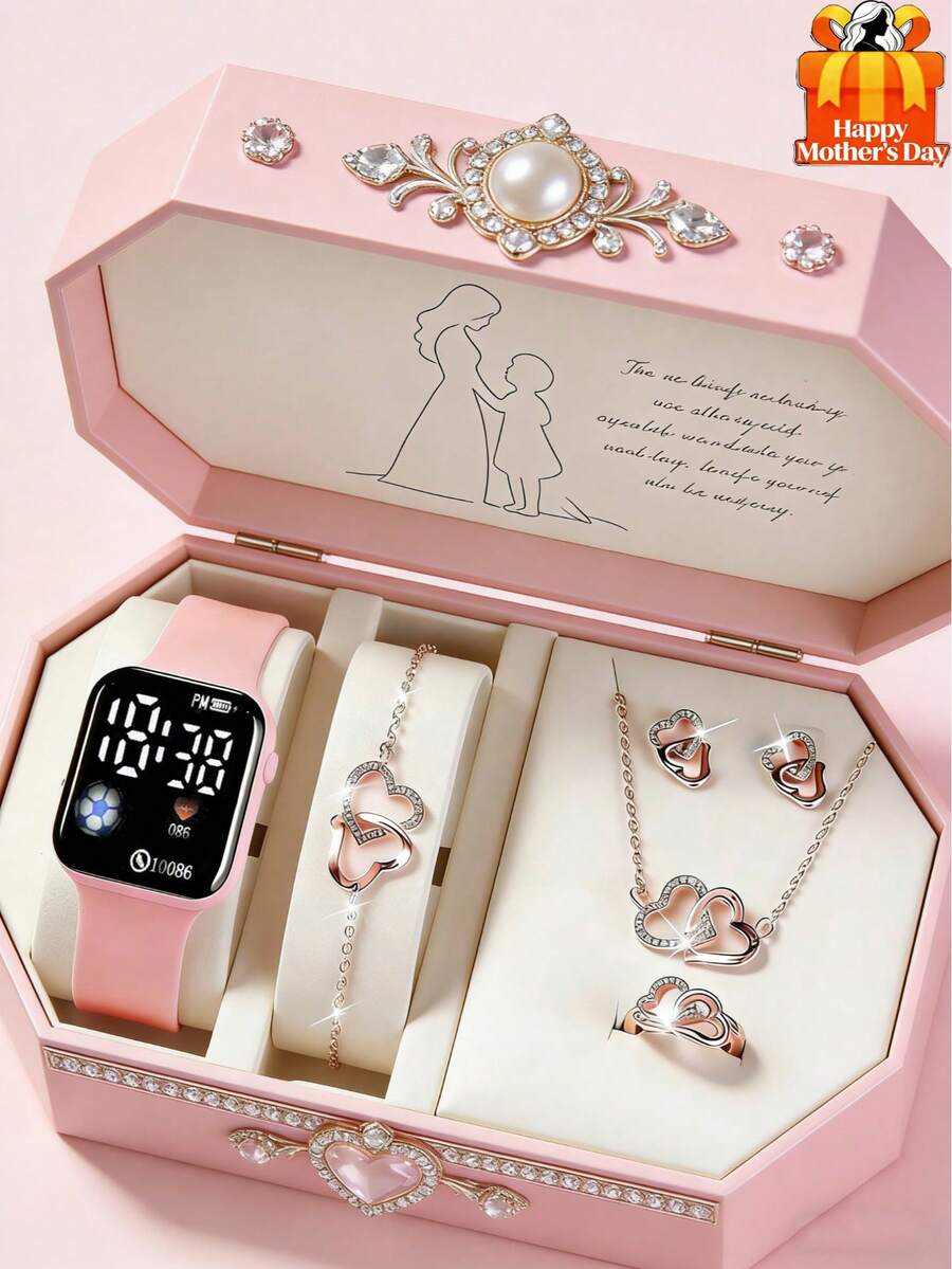 6/5件套新款时尚简约女士LED数字屏幕手表搭配心形首饰套装，包括项链、手链、耳环、戒指，适合派对、旅行、母亲节礼物 - 彩色 - 查看 1